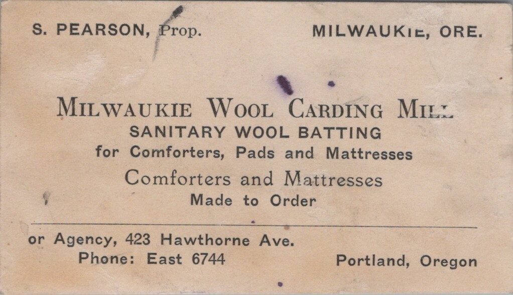 Milwaukie Wool Carding Mill Batting Oregon S Pearson c1910s Business Card LPB