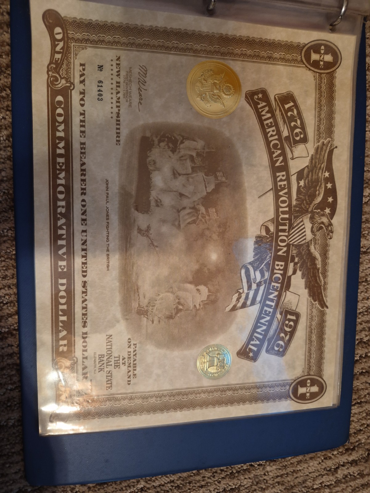 American Revolution Bicentennial Commemorative Dollar Certificate NY 1976