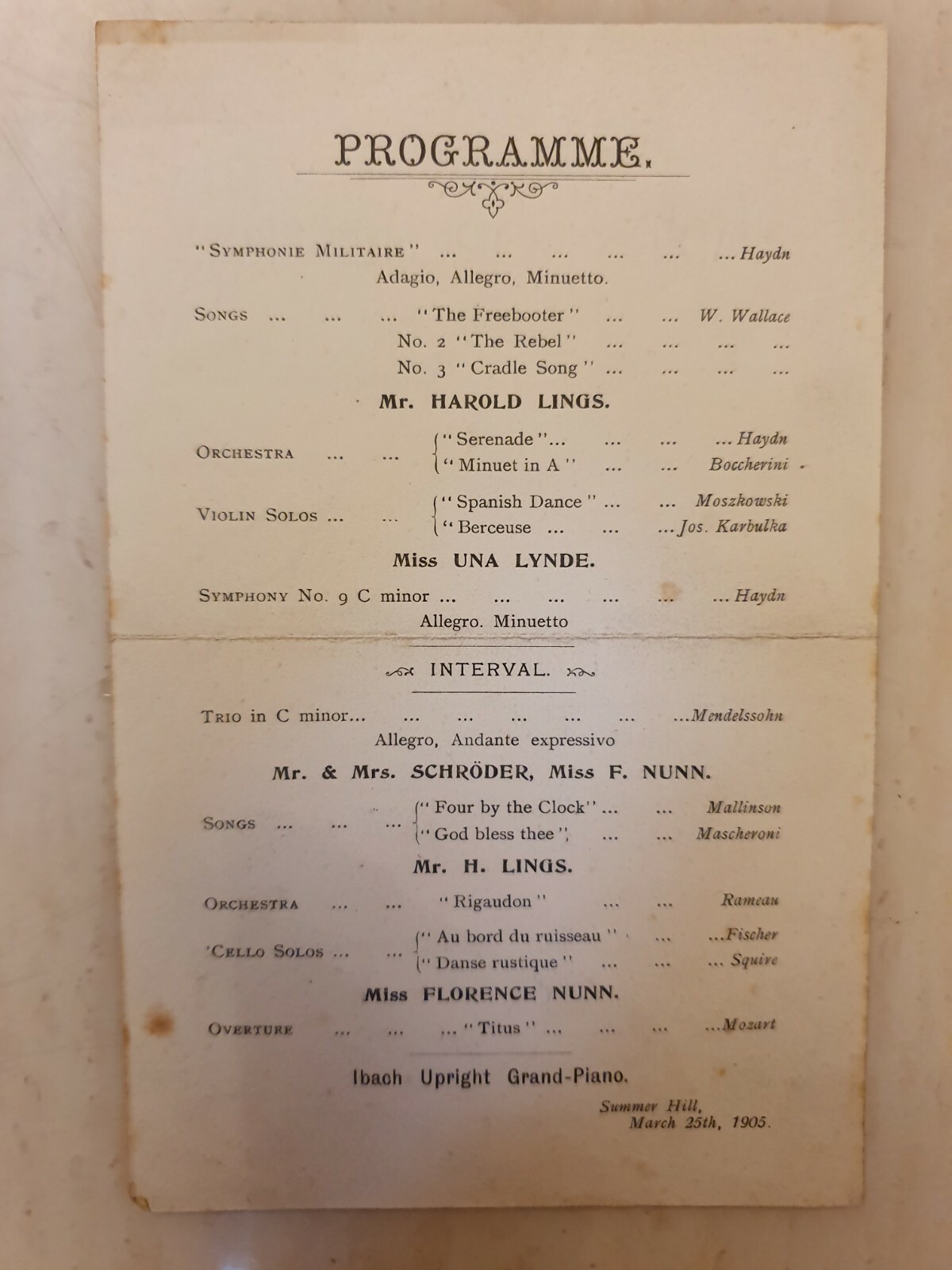 1905 SUMMER HILL LADIES ORCHESTRA Conductor HERR W, SCHRODER