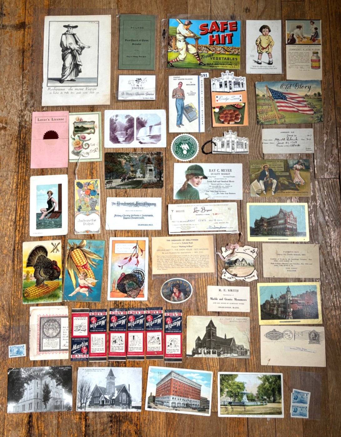 Big Vintage Paper Lot w/ Bridge Tally Cards, Postcards, Labels, Advertising +