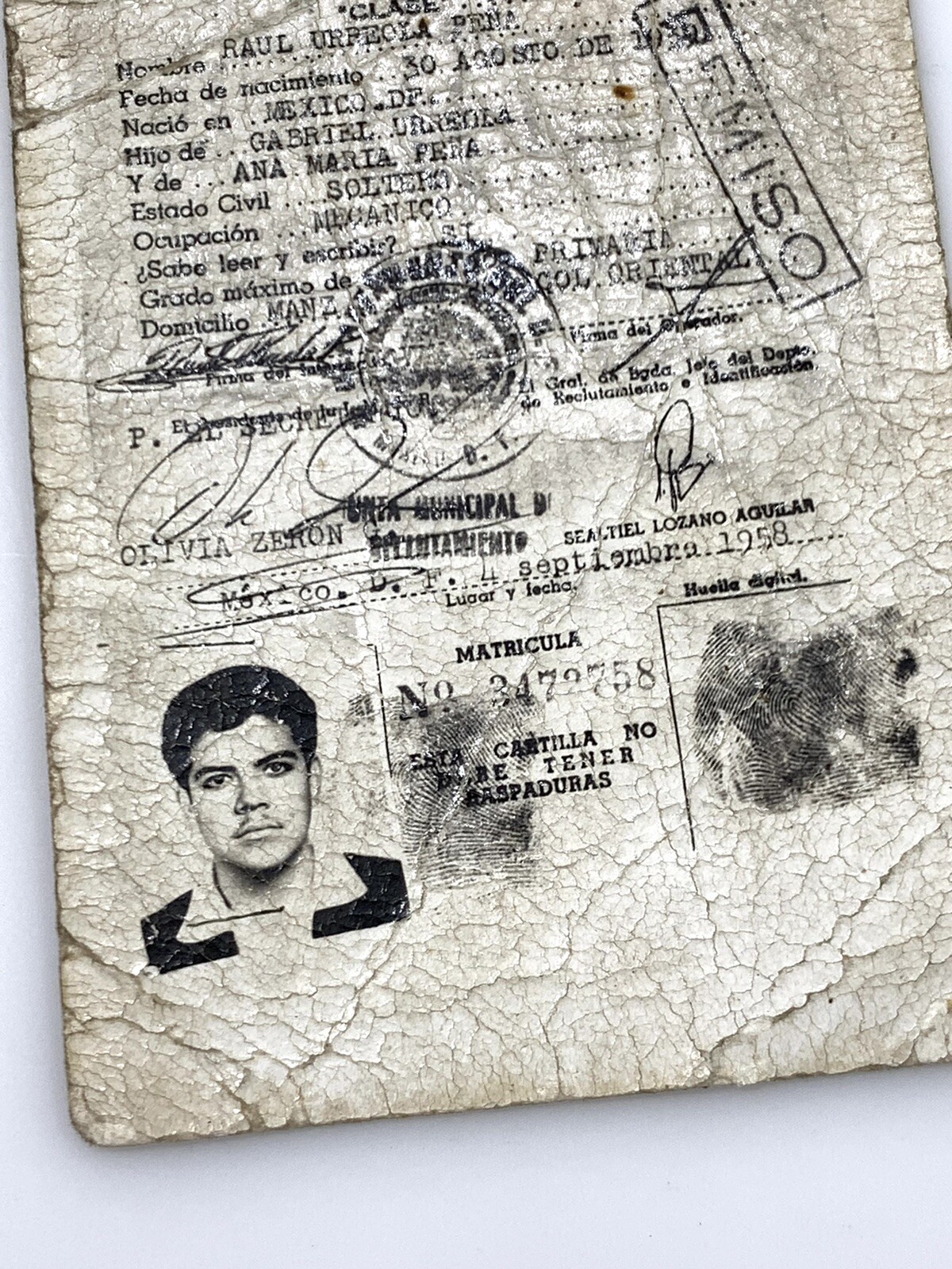 1958 Mexico Secretary Of Defense Military Mechanic Paper Photo I.D. Card