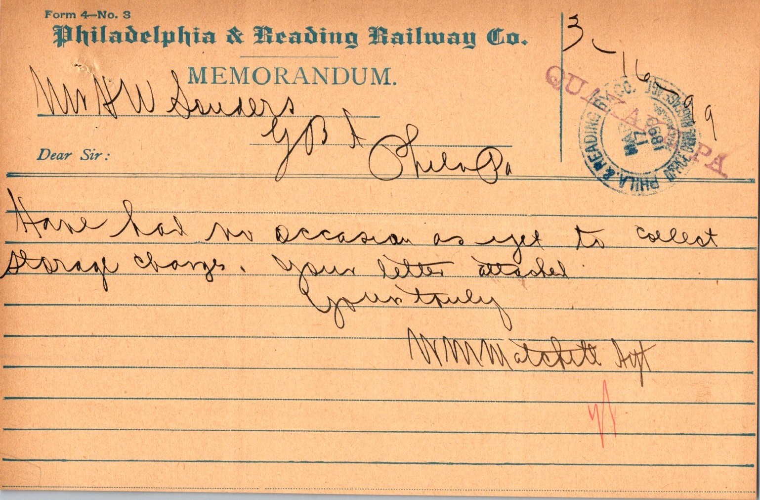 Philadelphia & Reading Railway Form 4 No 3 Memo c1890s Railroadiana Ephemera