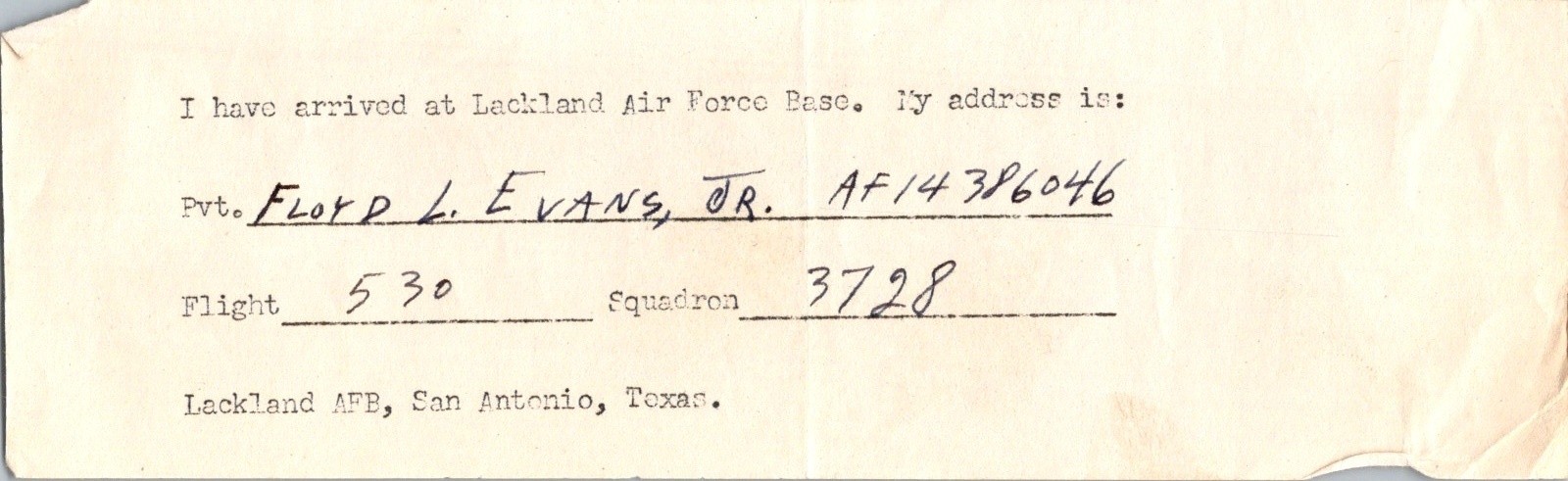 1950s USAF Lackland Arrival Card Pvt Floyd Evans Flight 530 Cold War Paper