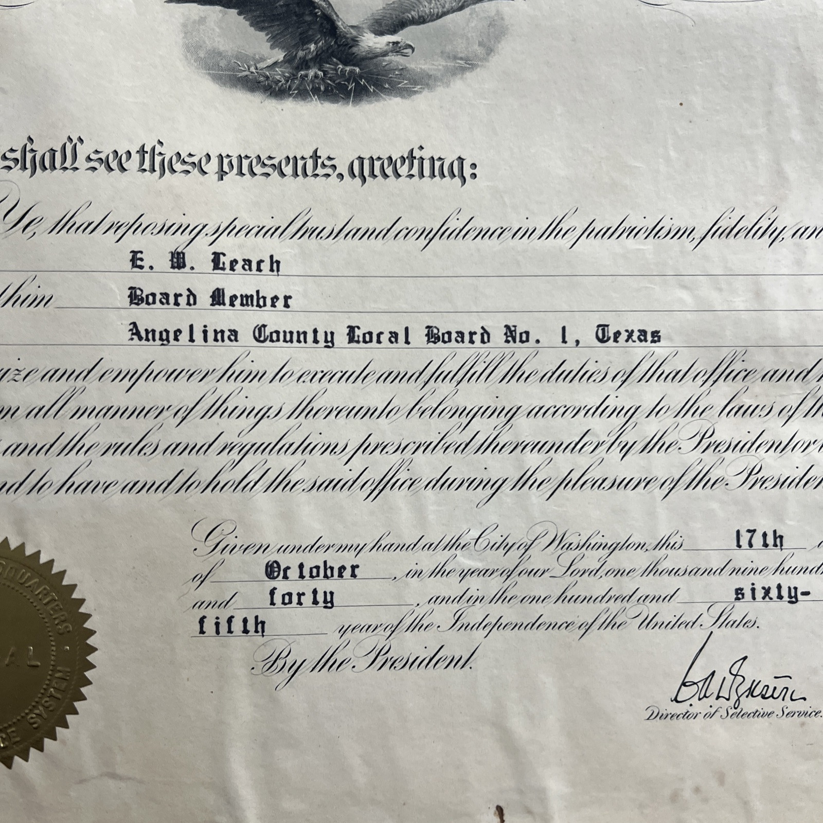1940s Document WWII Local Board Appointment Selective Service Lufkin Texas