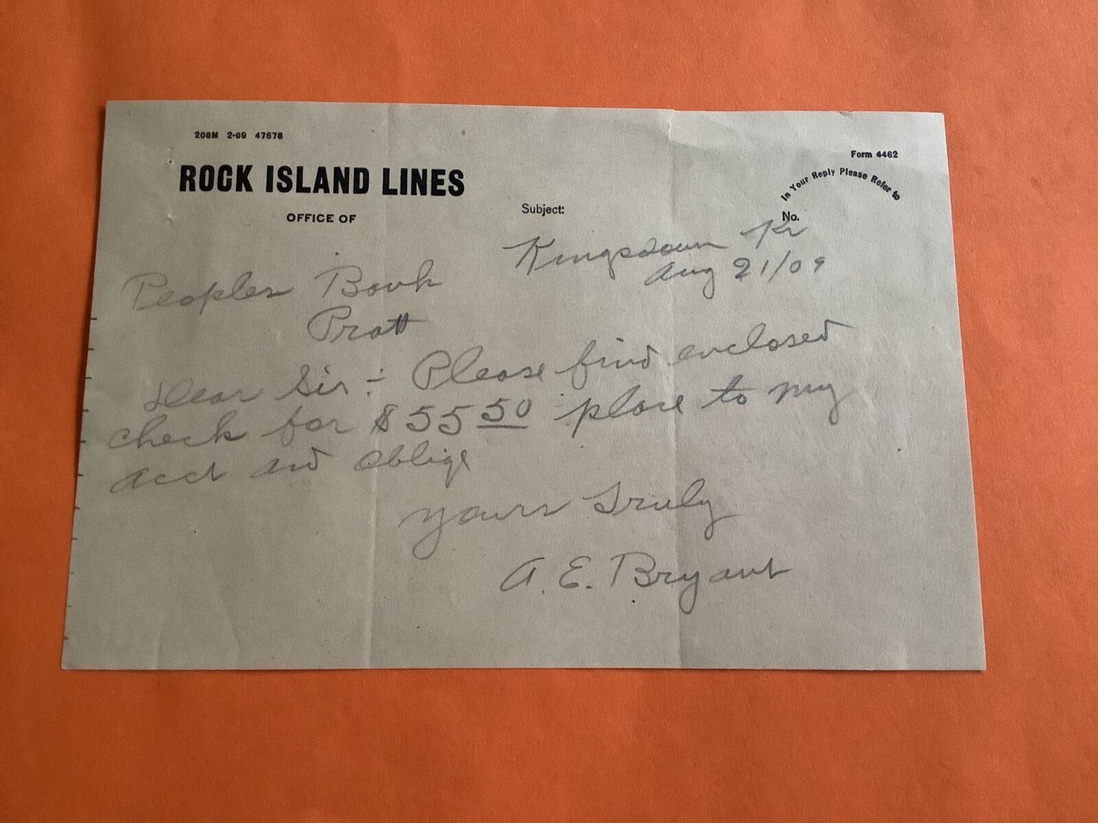 U.S. Rock Island Lines 1909 Receipt R40224