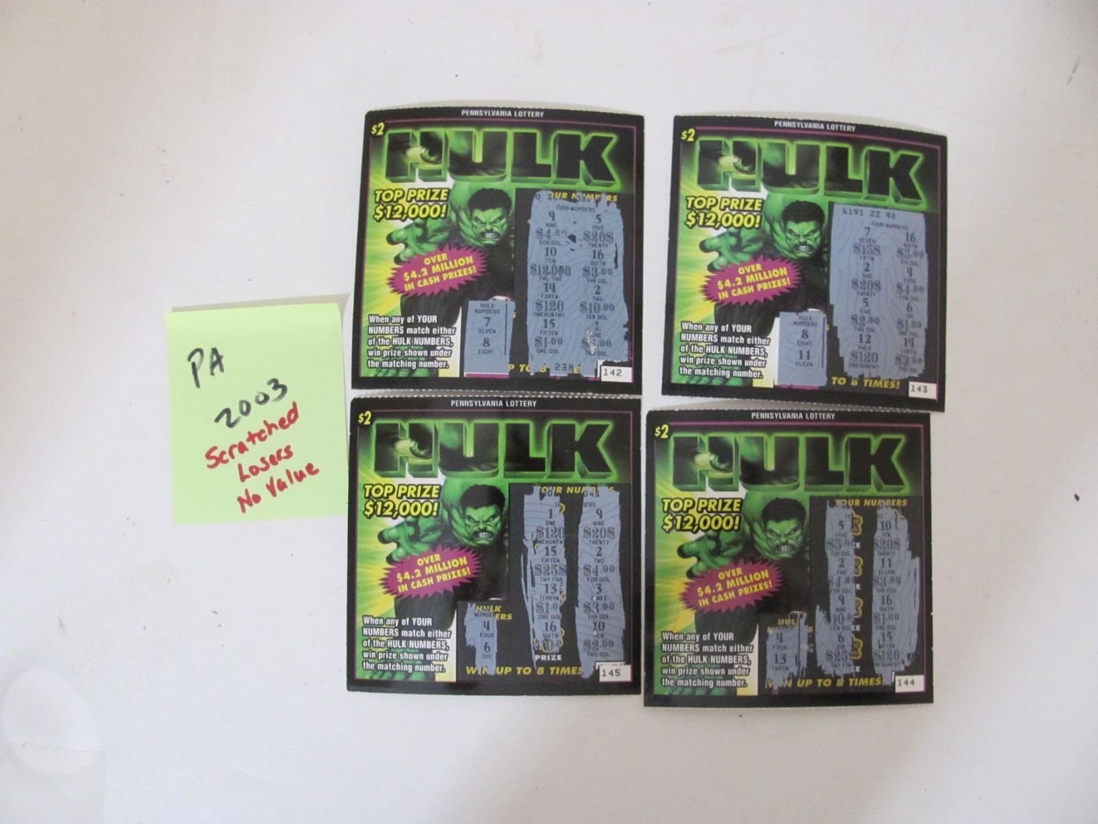 Vintage Lot 4 – 2003 MARVEL HULK $2 PA Lottery Non-Winning Scratch Off Tickets