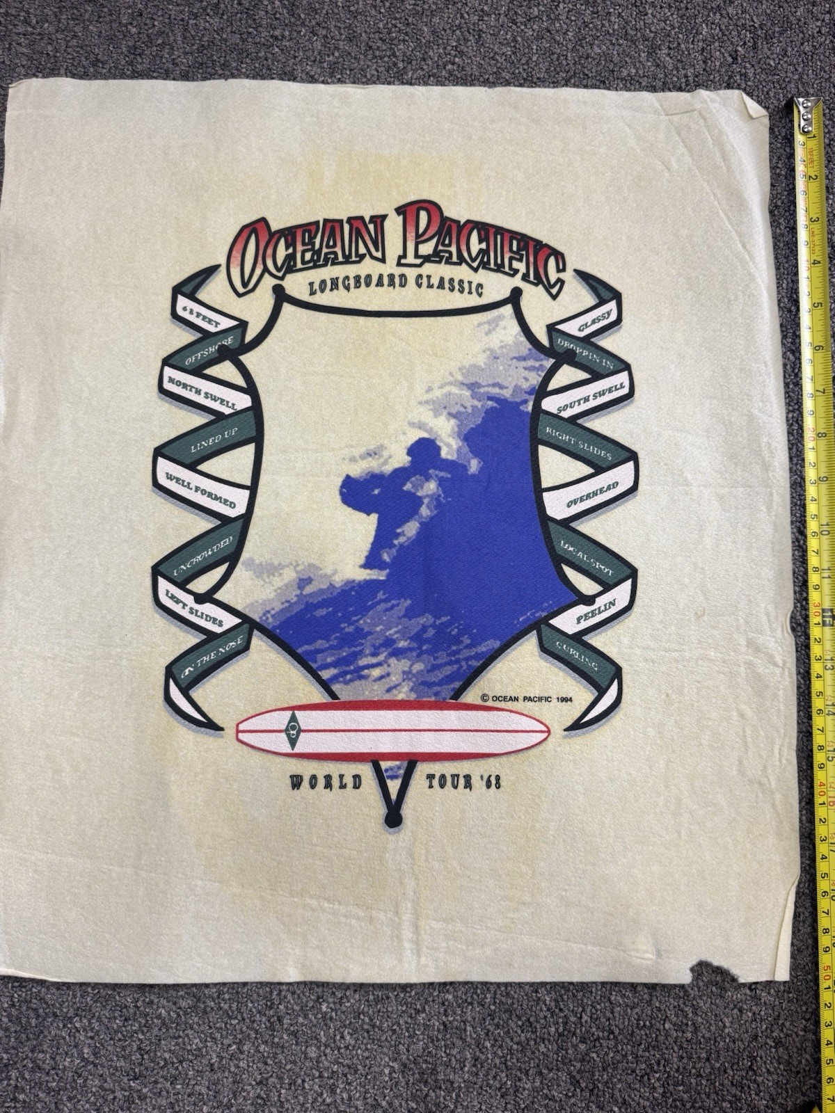 Vintage 1994 Ocean Pacific OP T-Shirt Test Print Longboard Classic Surf Graphic