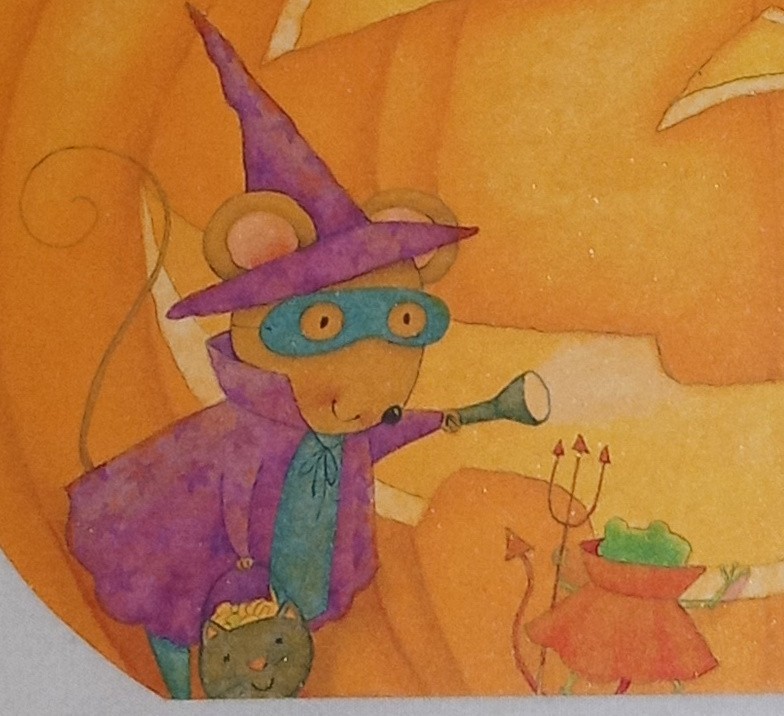 Halloween card, adorable mice in costume roasting marshmallows, 5″ used