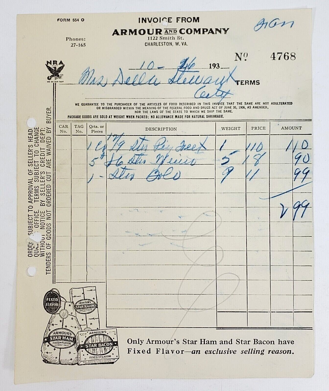 c1900’s-50’s (5) Assorted Letterheads & Invoices Armour Co Grain Smart & Final