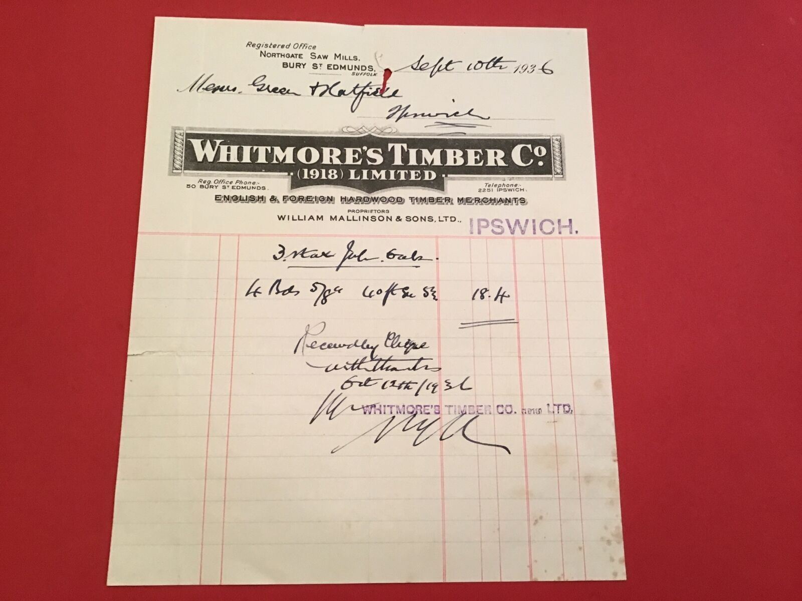 Whitmore’s Timber Co 1936 Burt St Edmunds receipt R34396