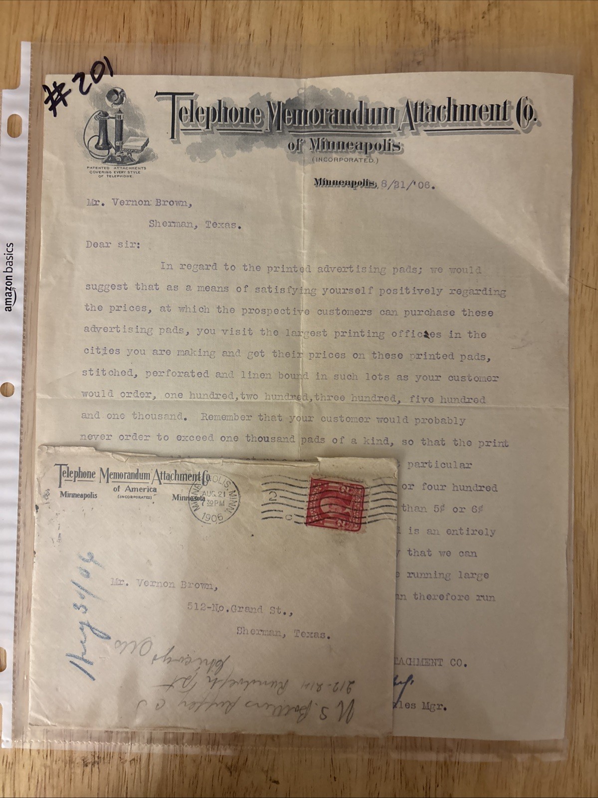 Antique letter Telephone Memorandum Attachment Co. Minneapolis Minnesota 1906