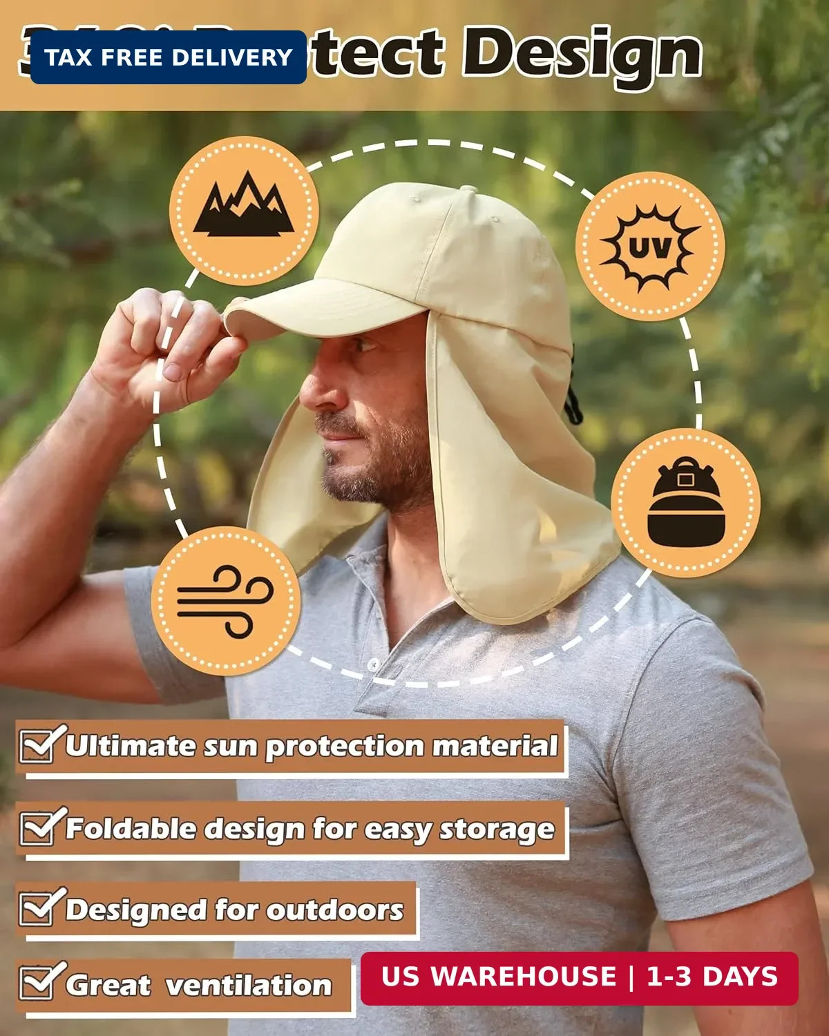 Tirrinia Wide Brim Sun Hat with Neck Flap for Men & Women, Breathable Hiking Fis