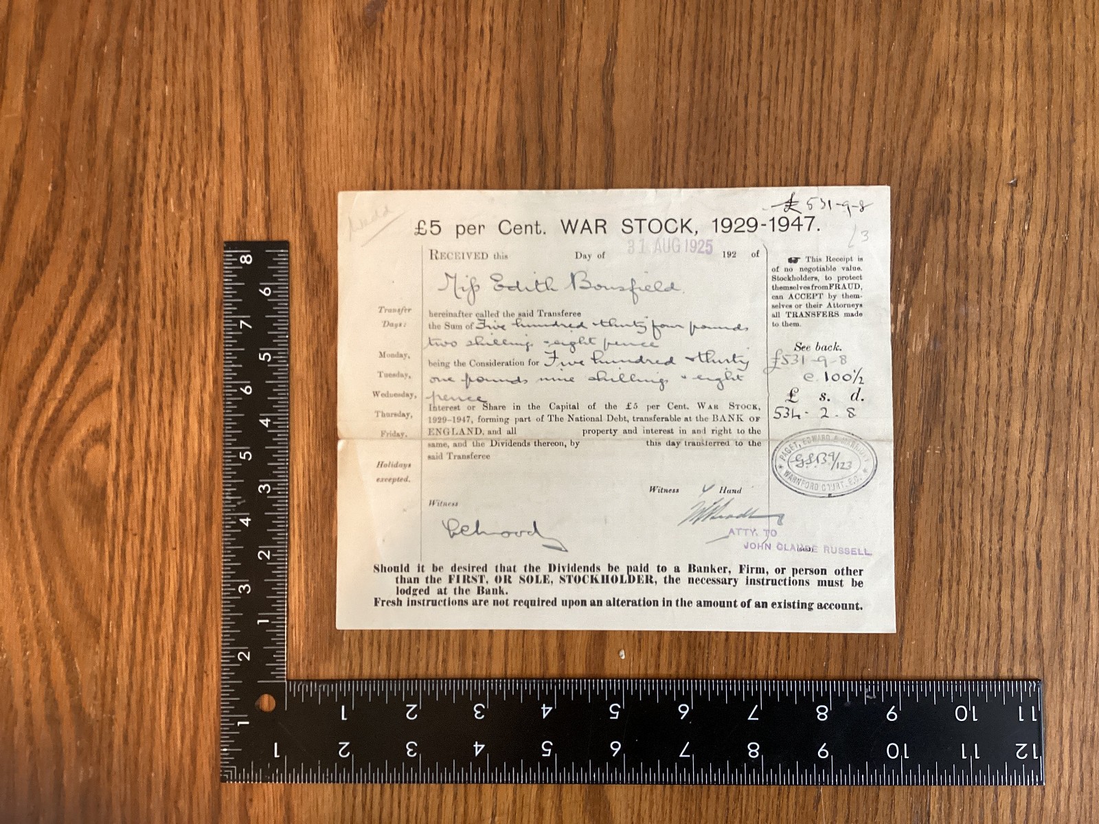 1925 £5% WAR STOCK TRANSFER RECEIPT BRITISH GOVERNMENT BOND (National Dept)