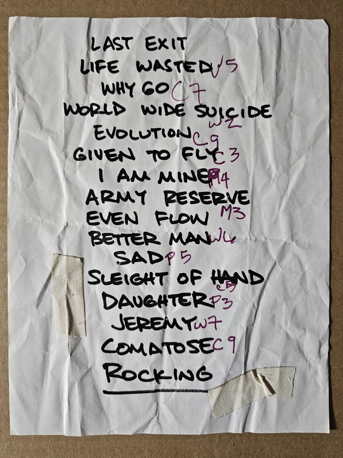 Pearl Jam Original Authentic Setlist With Code Next to Songs See Pics