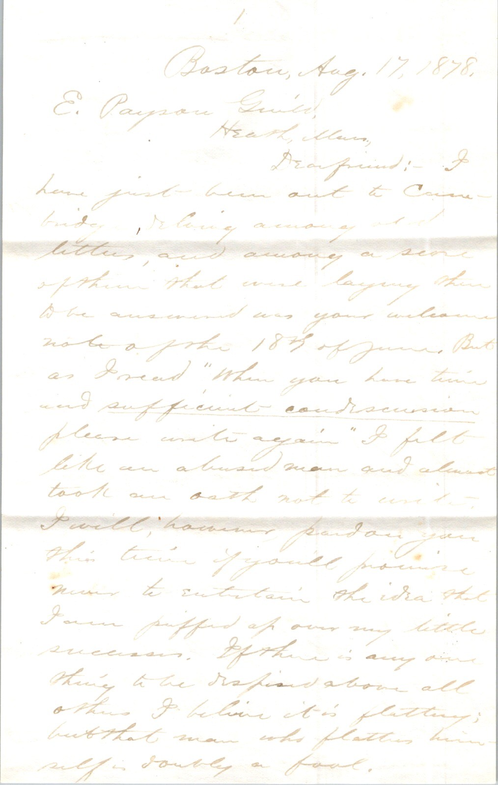 1878 Letter to E. Payson Guild Boston MA w/Envelope & 3-Cent Postage Stamp