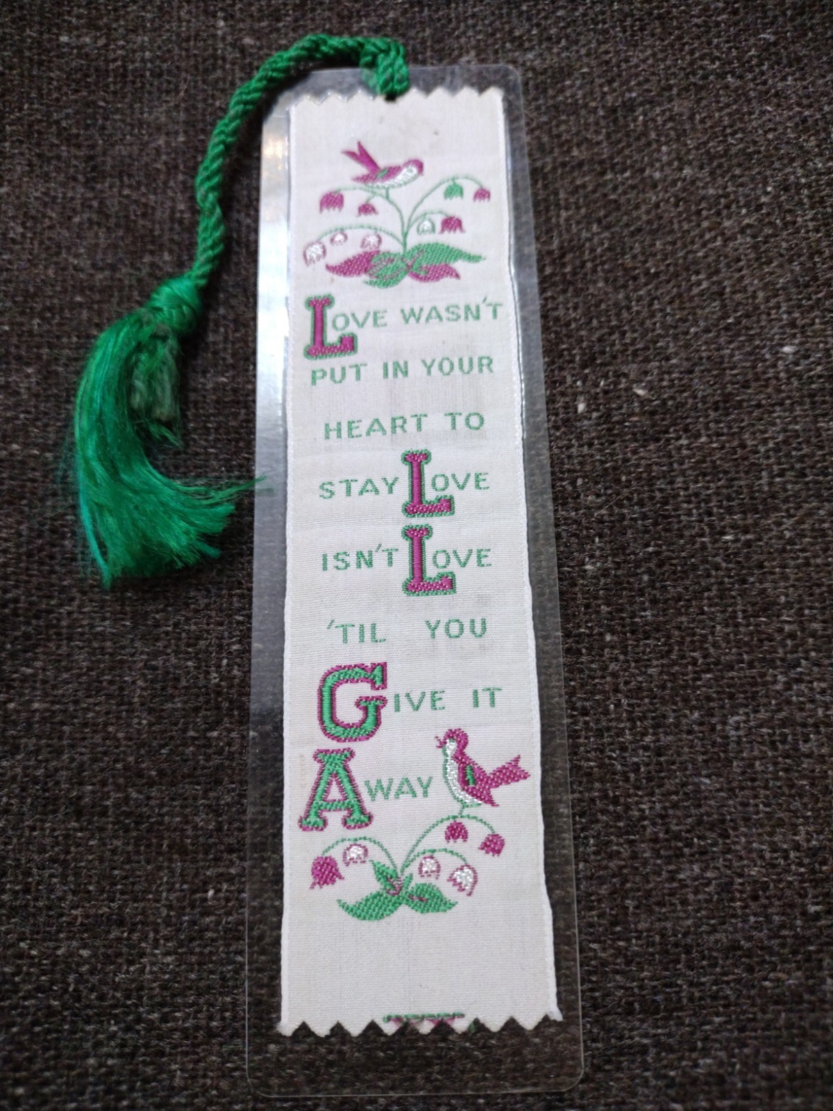 Vtg Weve A Gift Woven Bookmark Love Give It Away Birds Tassel Sound Of Music