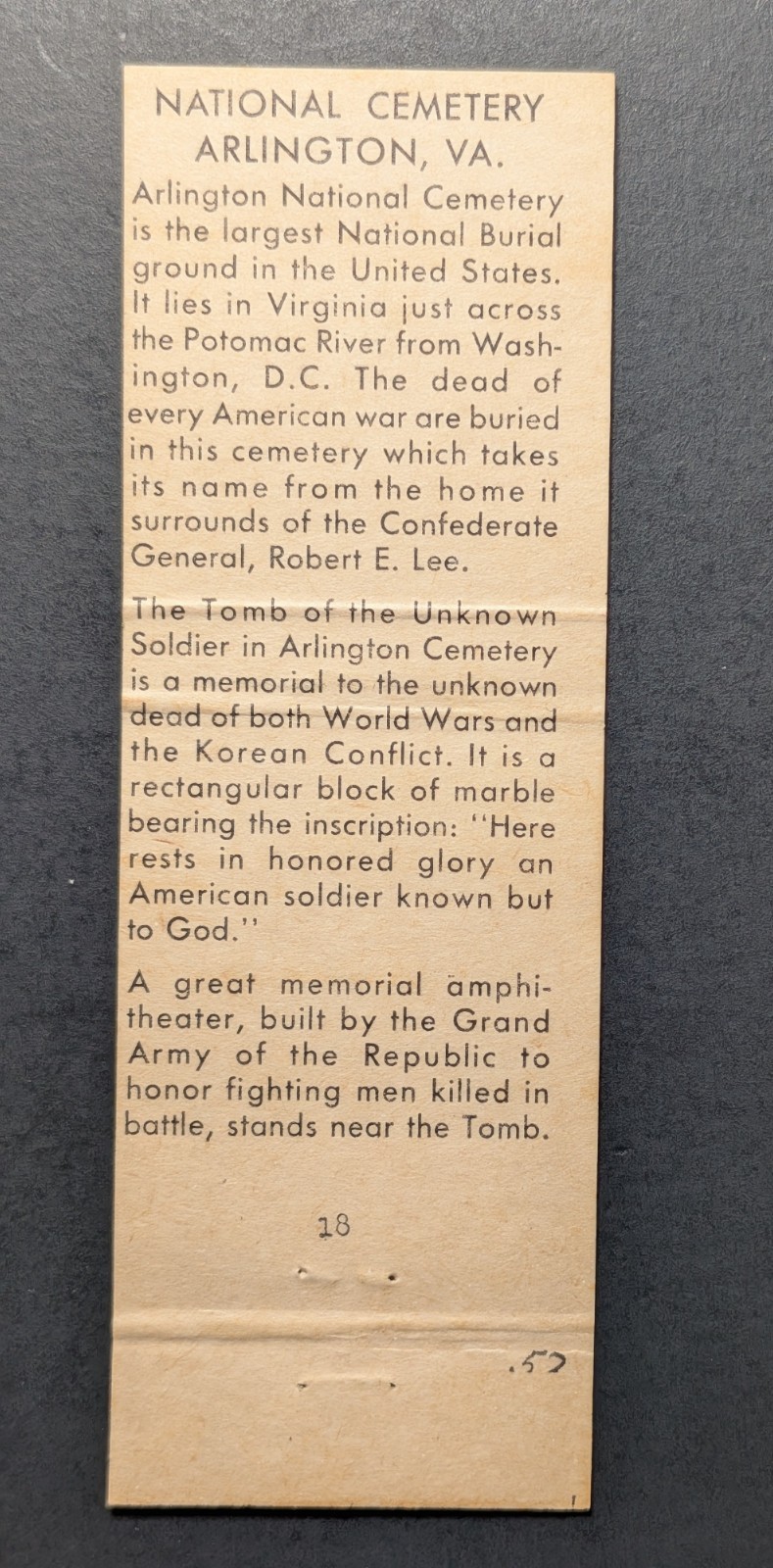 Vintage Tomb of Unknown Soldier Matchbook Cover
