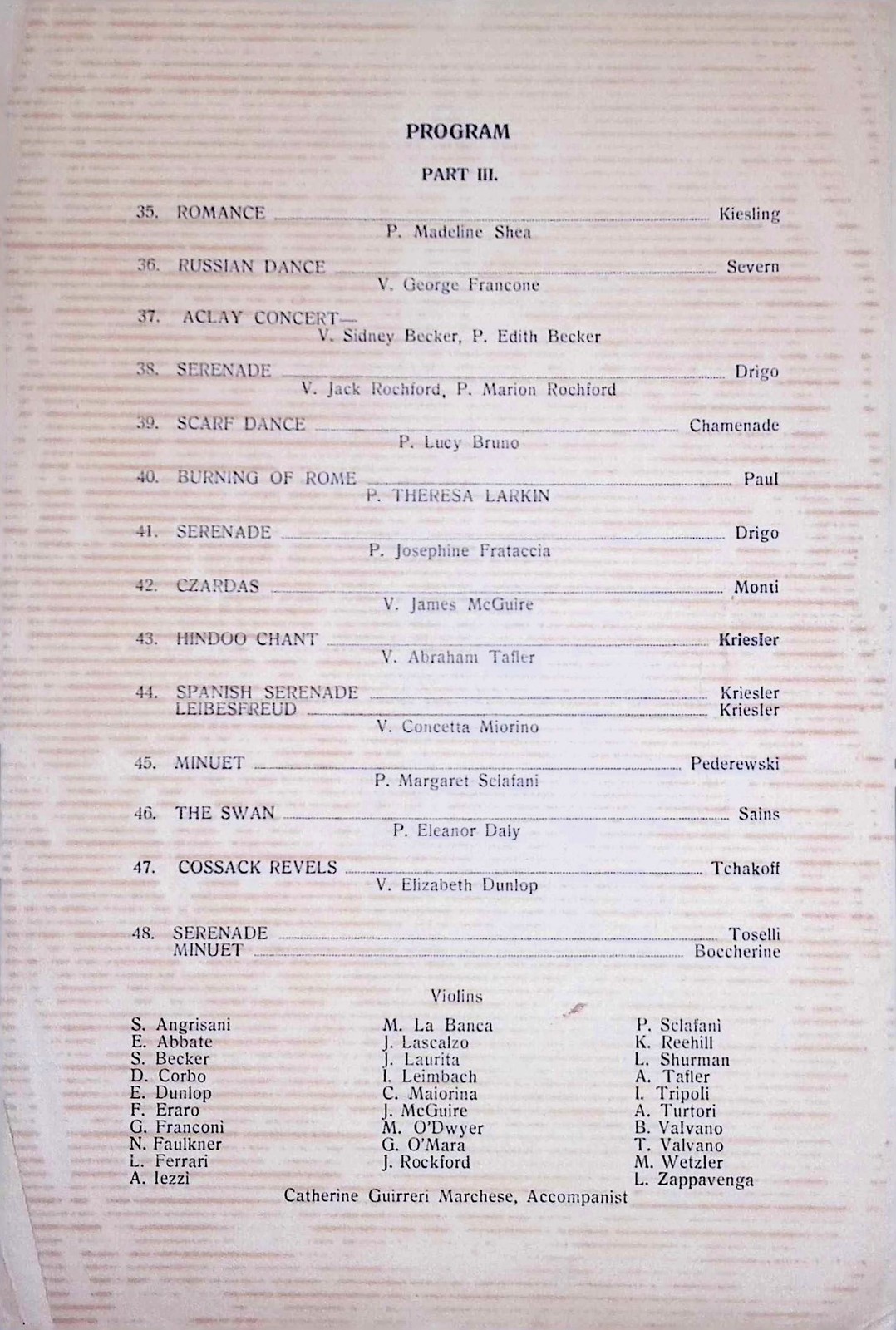 1929 Marchese Recital Program Dillingham Hall Newtown NY Piano Violin