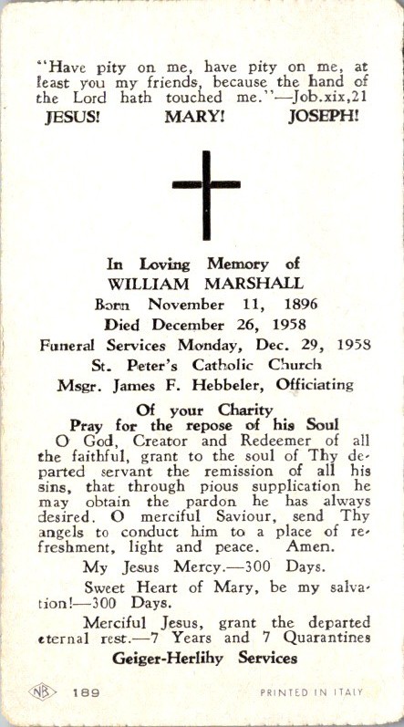 William Marshall Memorial Prayer Card 1958 St Peter’s Catholic Church Italy