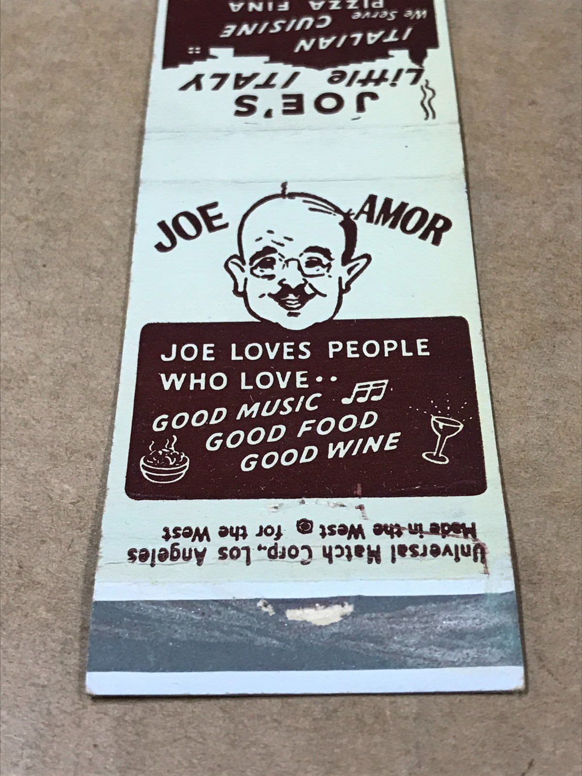 Vintage Joe’s Little Italy – Hollywood, California – Matchcover, Matchbook