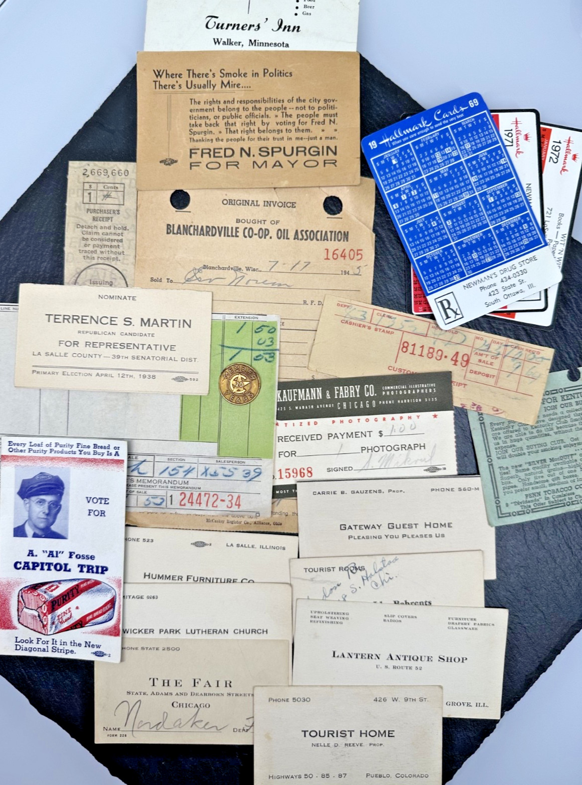 1930’S-1970’S ASSORTED RECEIPTS, BUSINESS CARDS, POCKET CALENDARS + FP373