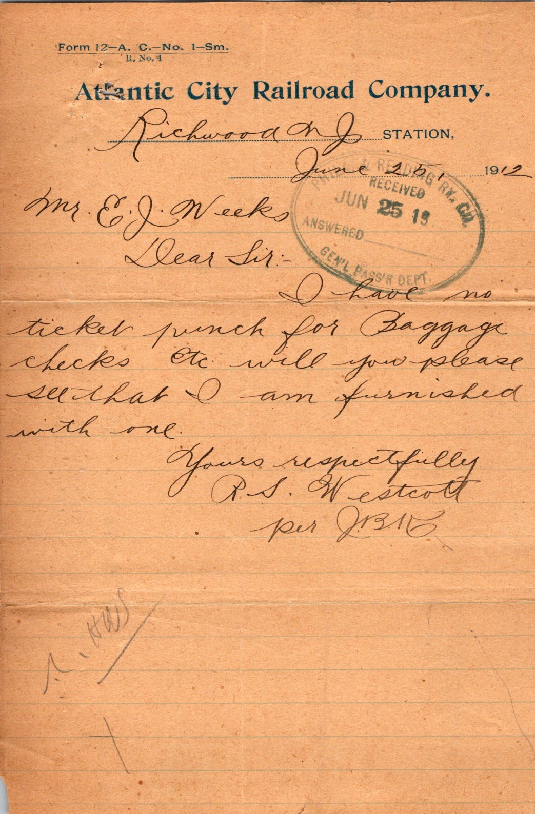 Atlantic City RR 1912 Richwood NJ Agent Letter BC Punch Form 12A Cursive