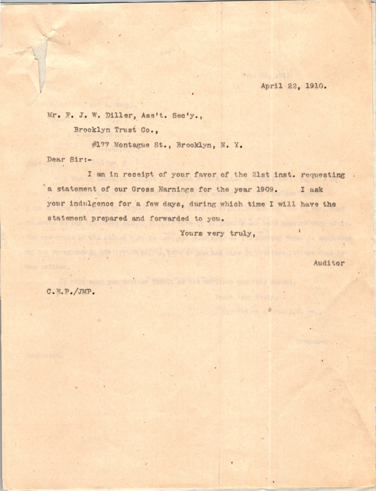 1910 Brooklyn Trust Co Auditor Letter Gross Earnings Statement Montague St