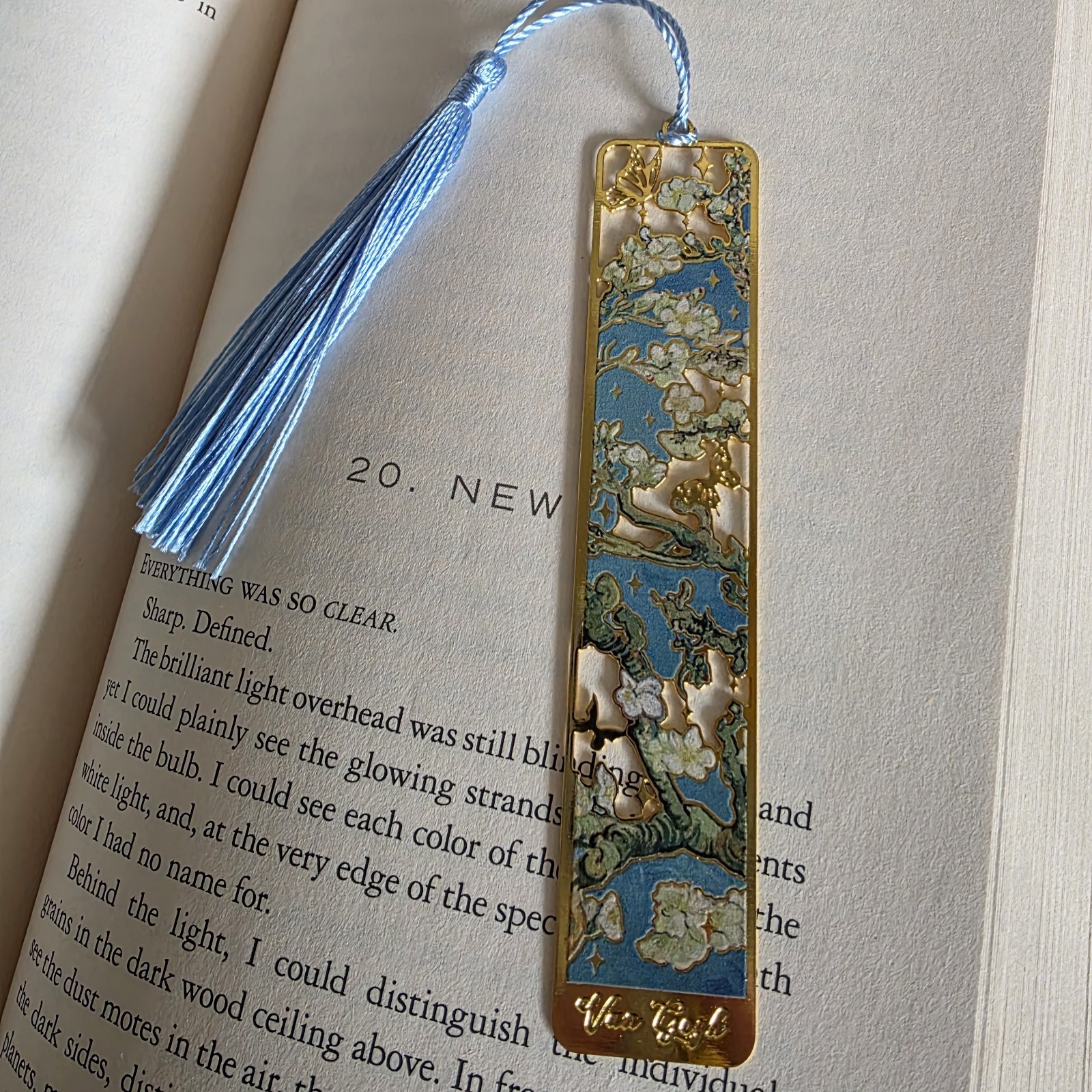 Van Gogh Gold Floral Metal Bookmark with Blue Tassel Gold Rectangle Design