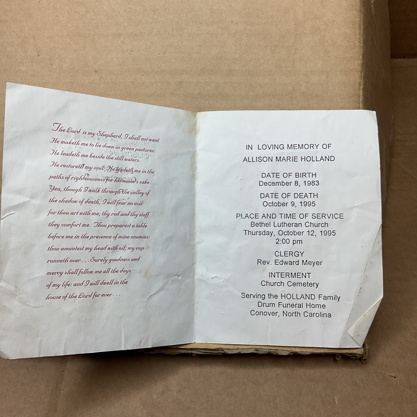 9 Oct 1995 Allison Marie Holland Funeral Service Program Conover Nc B70