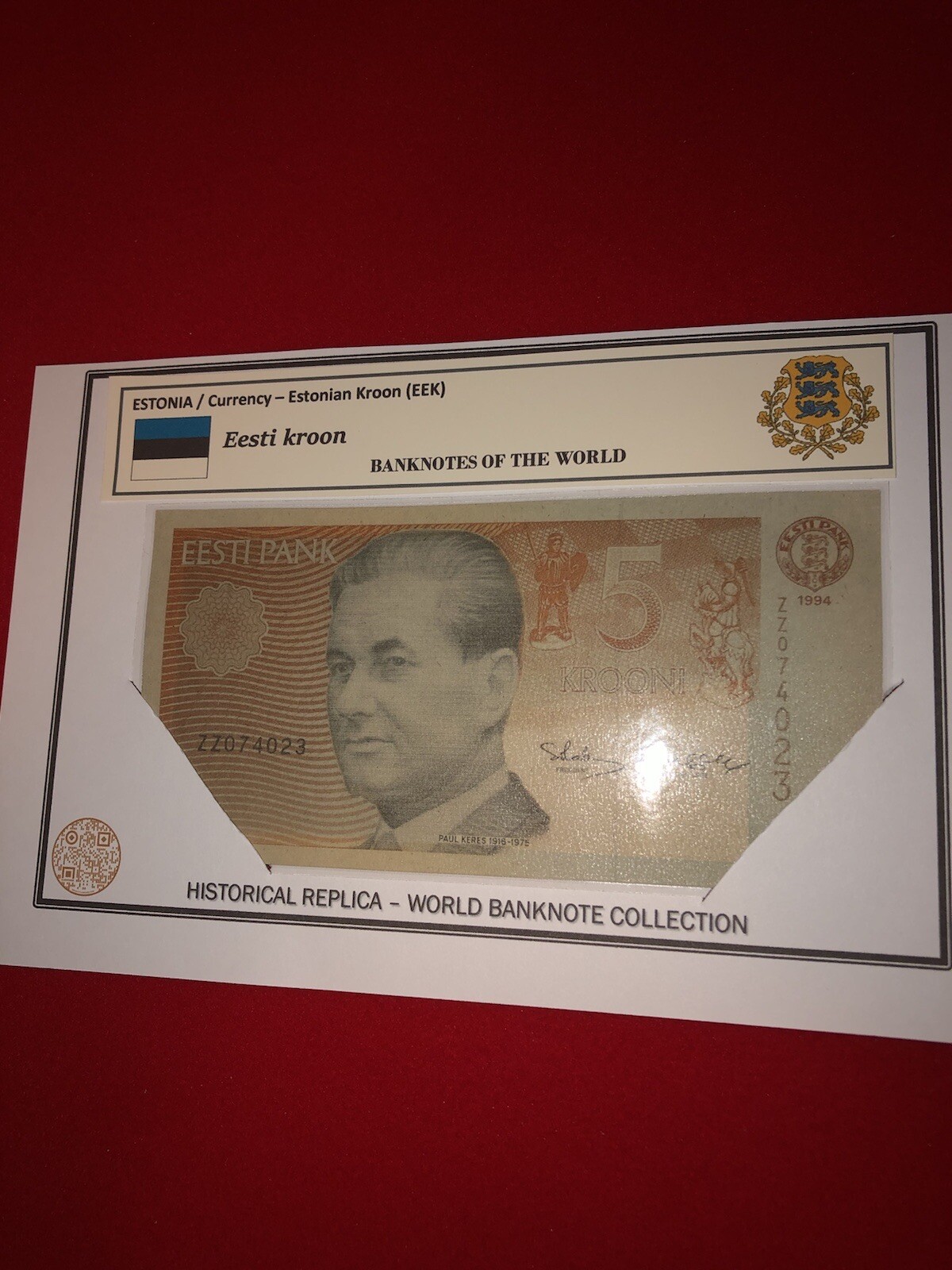 ESTONIA / LAMMINATED HISTORICAL REPLICA SOUVENIR NOTE PRINT