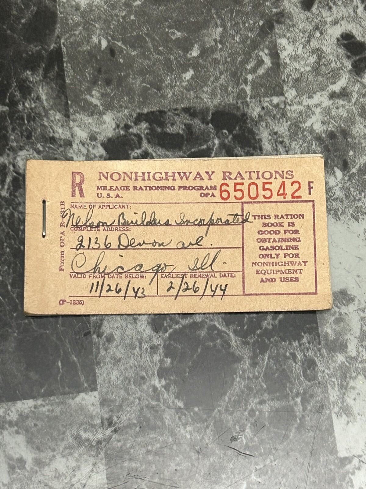 1943-1944 NON HIGHWAY RATIONS BOOKLET WITH 4 FULL PAGES LEFT CHICAGO ILLINOIS