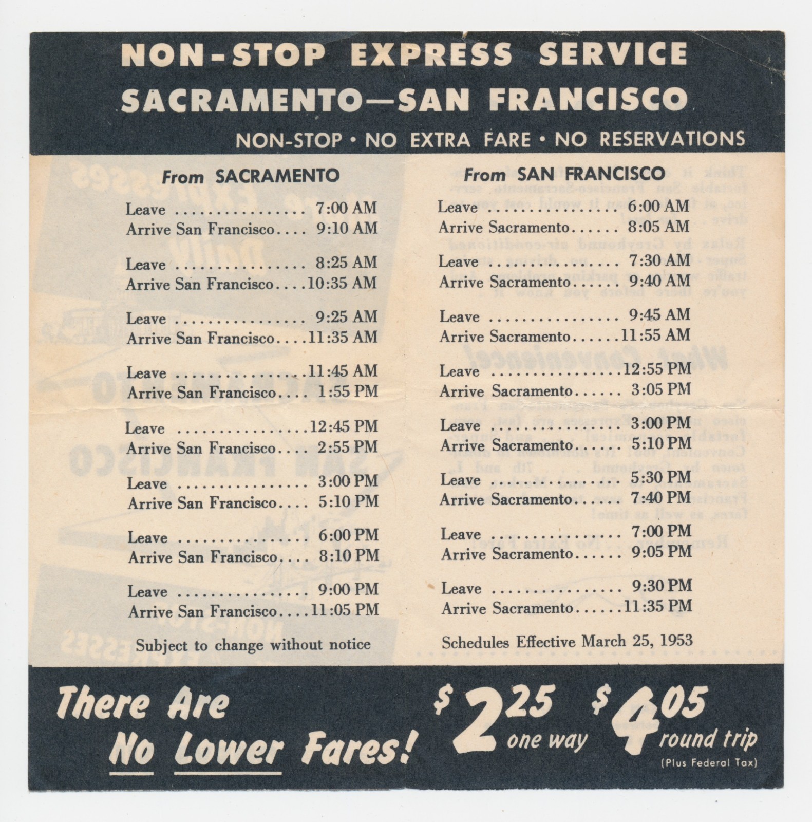 Vintage Greyhound Bus Time Table Sacramento to San Francisco CA Non Stop Express