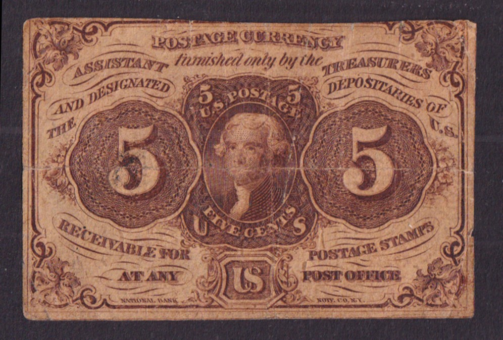 United States Postage Fractional Currency FIVE CENTS 1862 Jefferson 1st issue