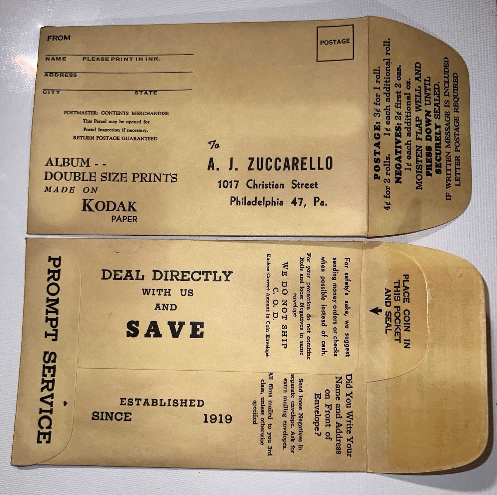 MINT 1948 Phila. Vintage Kodak Mail-In Film Photo Developing Envelope One