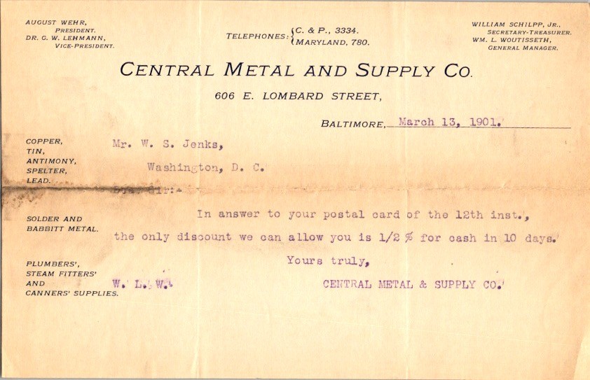 Central Metal Supply Co 1901 Baltimore Letterhead Non Ferrous Metals Antimony