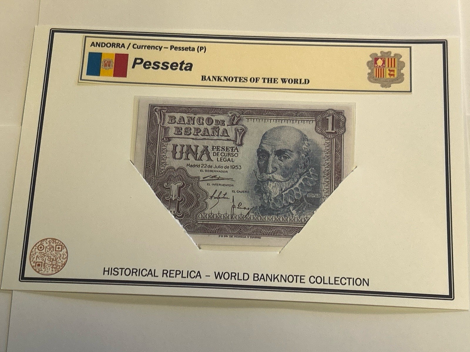 ANDORRA / LAMINATED HISTORICAL REPLICA PRINT – (P) 1 PESSETA NOTE