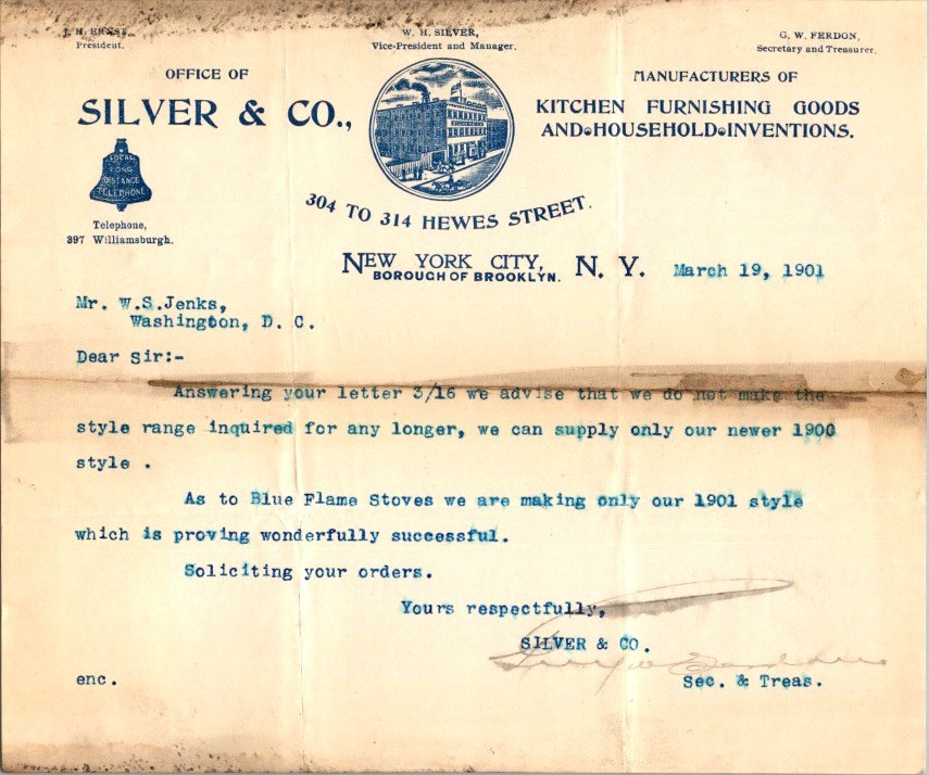 Silver & Co 1901 Kitchen Furnishings Letterhead Brooklyn NY Telephone Logo