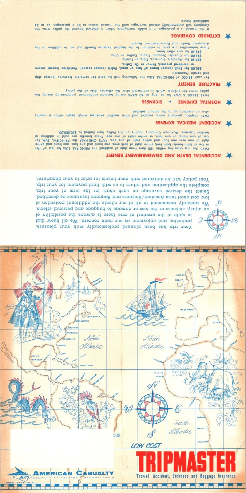 1950s TRIPMASTER Travel Insurance Brochure American Casualty Co Reading PA Map