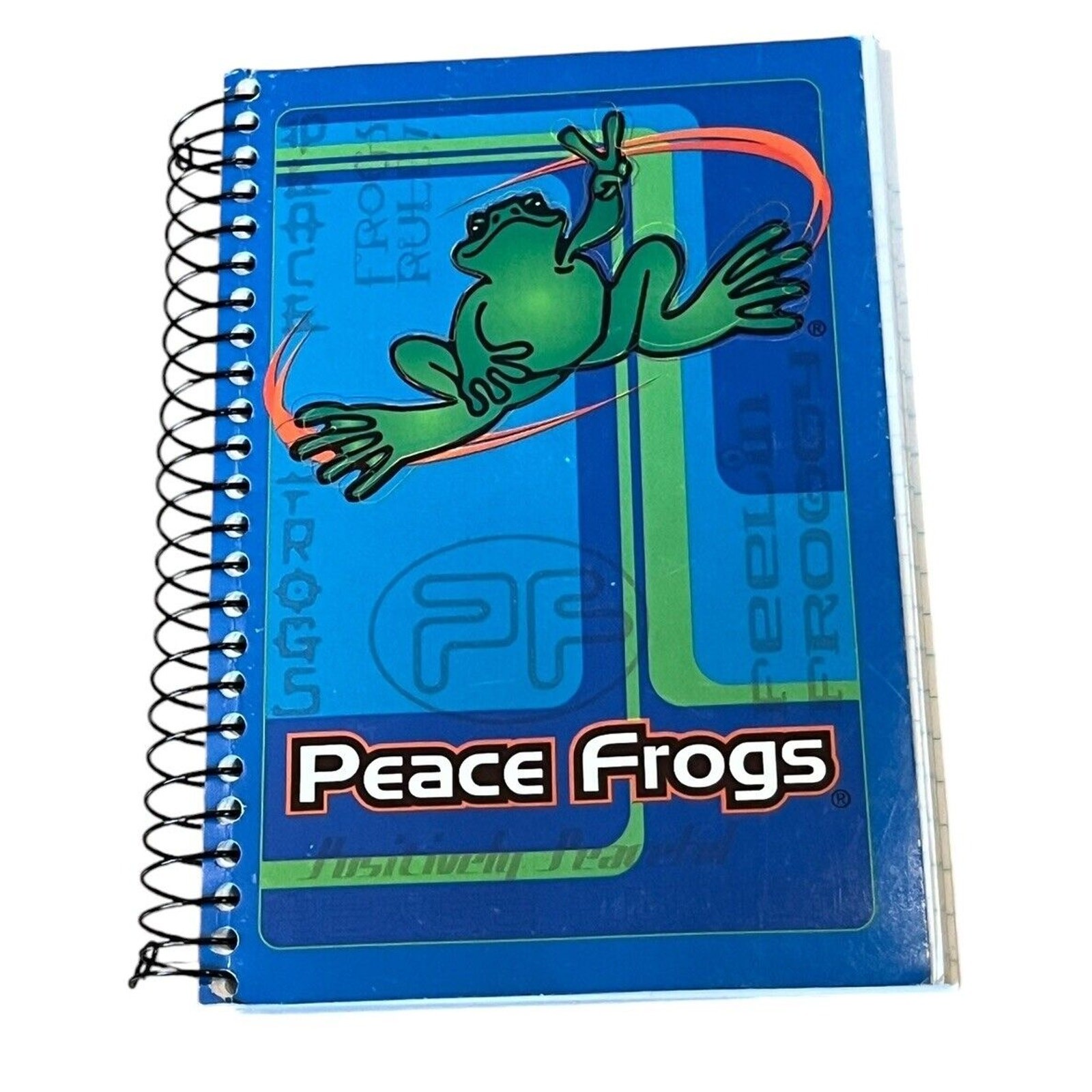 Vintage 80s Peace Frogs Sign Spiral Notebook Theme Book Blue Memo Book Made USA