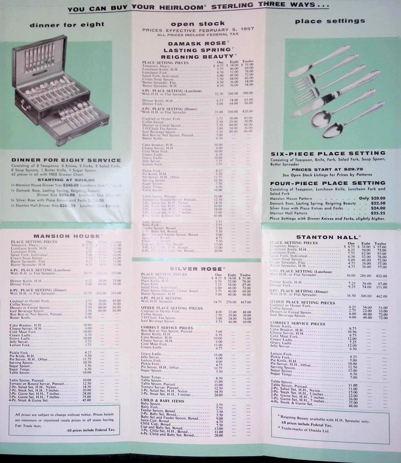 Oneida Heirloom Sterling Brochure c1950s Price List Layaway Plan Flatware