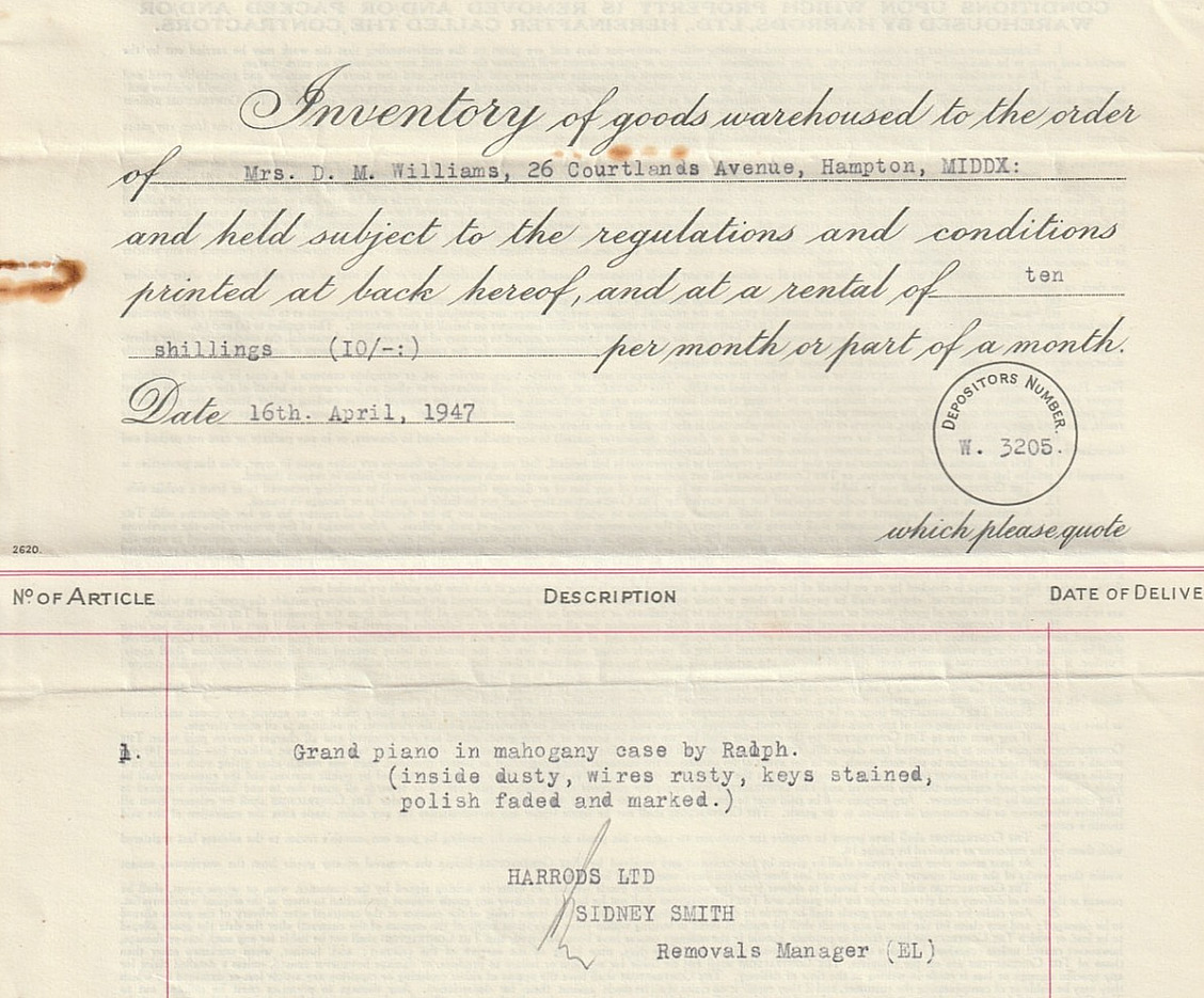 HARRODS ORIGINAL LETTERHEAD. INVENTORY OF GOODS WAREHOUSED. 1947. GRAND PIANO