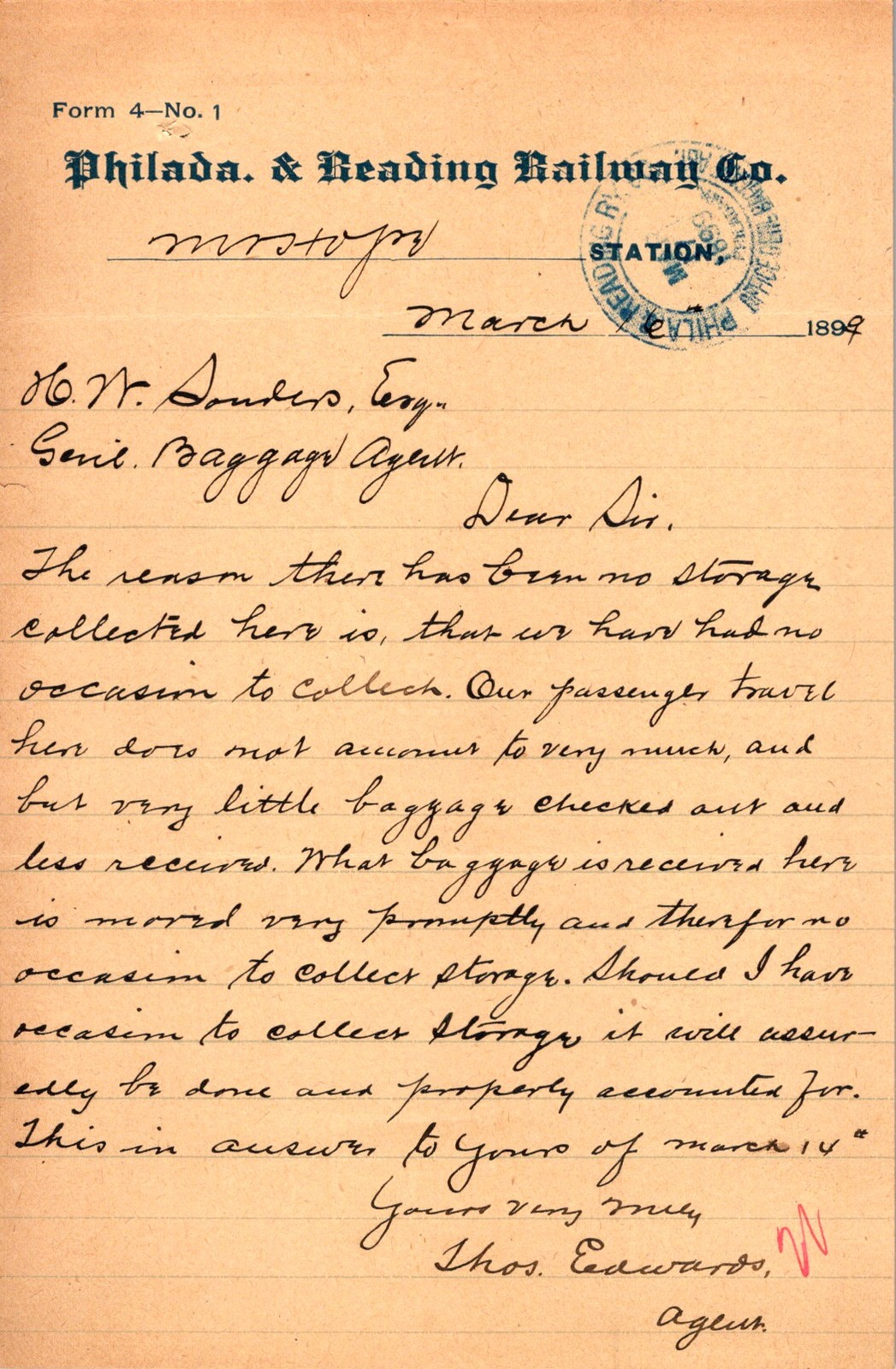 Philadelphia & Reading Railway 1894 Station Agent Letter Baggage Fee Accounting