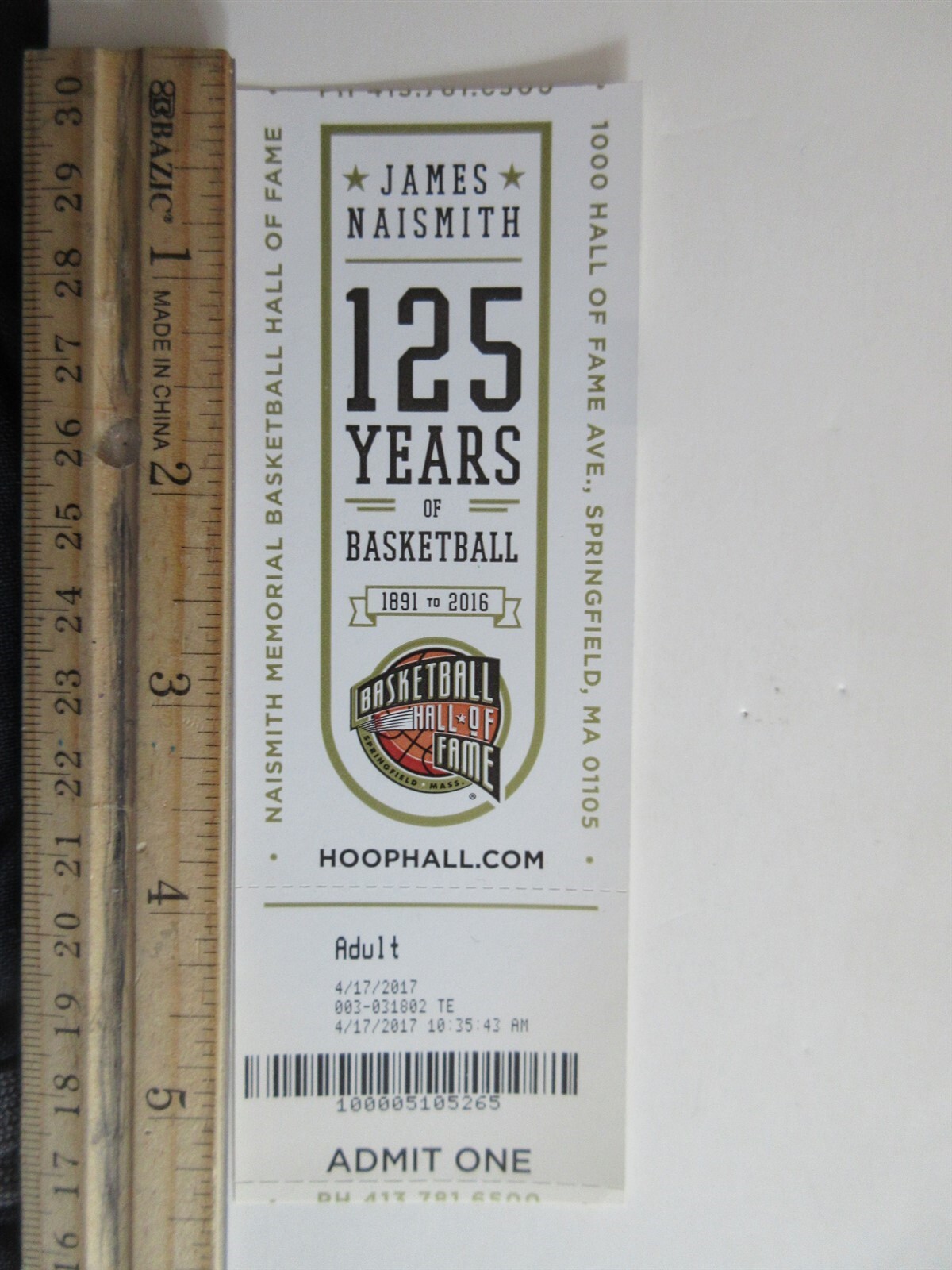 2017 Basketball Hall of Fame 125 years of basketball Adult Ticket Stub