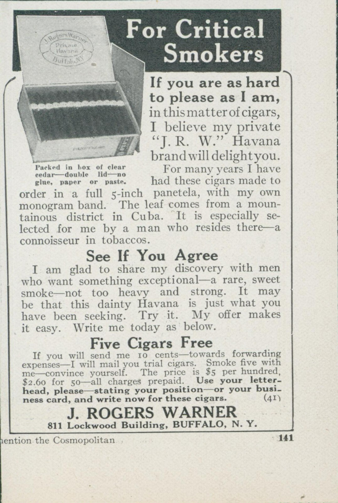1914 J Rogers Warner Pipe Offer Private Brand Critical Smokers Vtg Print Ad CO3