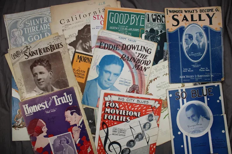 Vintage 1920s-1930s Sheet Music Lot + Handwritten Pages – Poor Condition