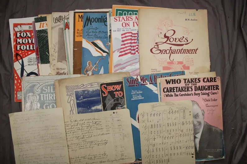 Vintage 1920s-1930s Sheet Music Lot + Handwritten Pages – Poor Condition