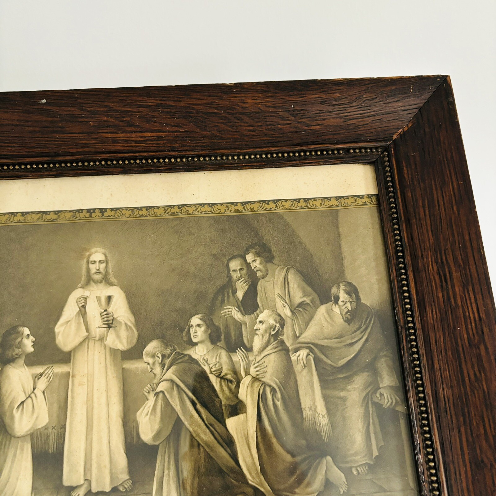 Antique 1900s 1911 First Holy Communion Certificate Quarter Sawn Wood Frame Vtg