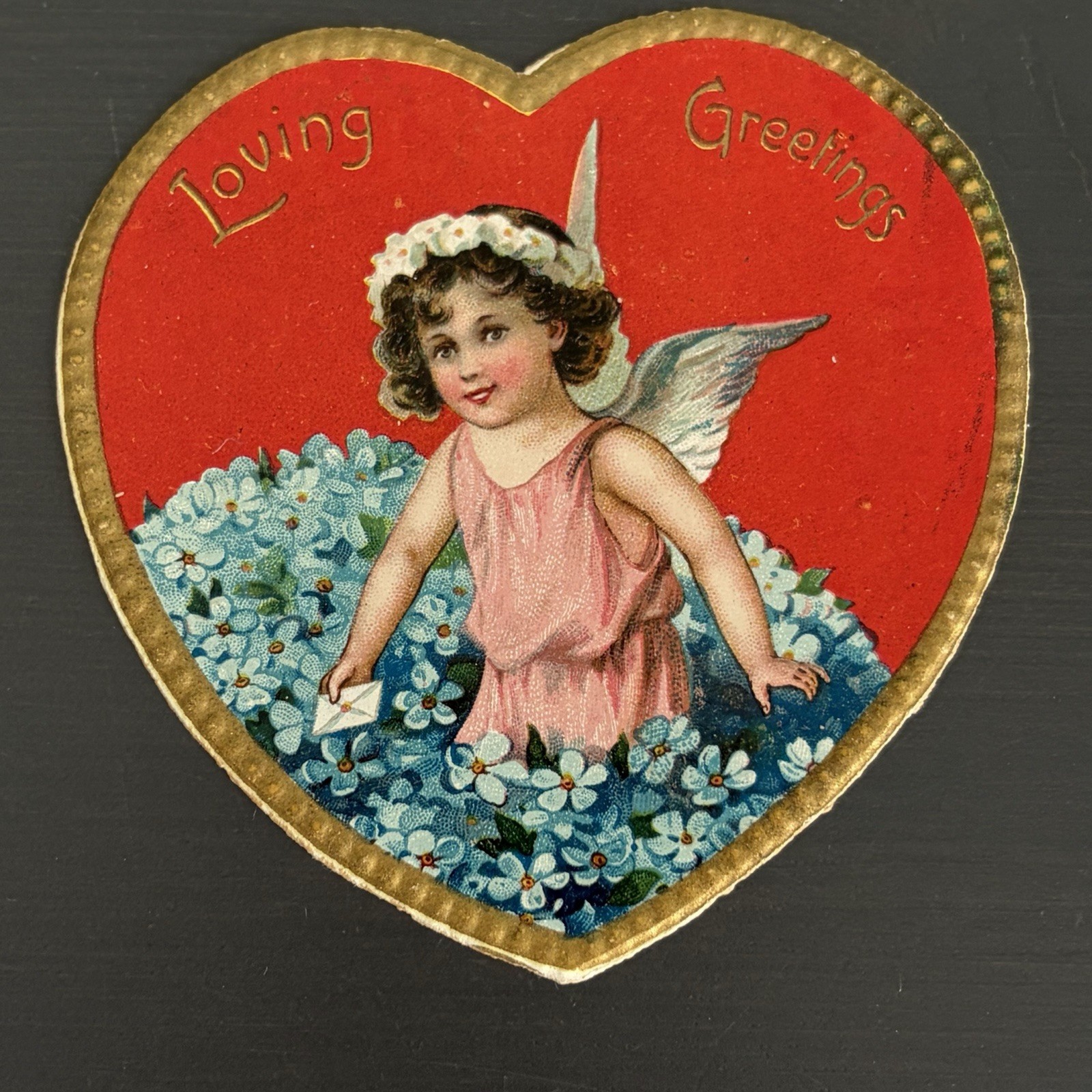 Antique Tuck & Sons Valentine Cards Heart Shape w Cupid Printed in Germany 3 Lot