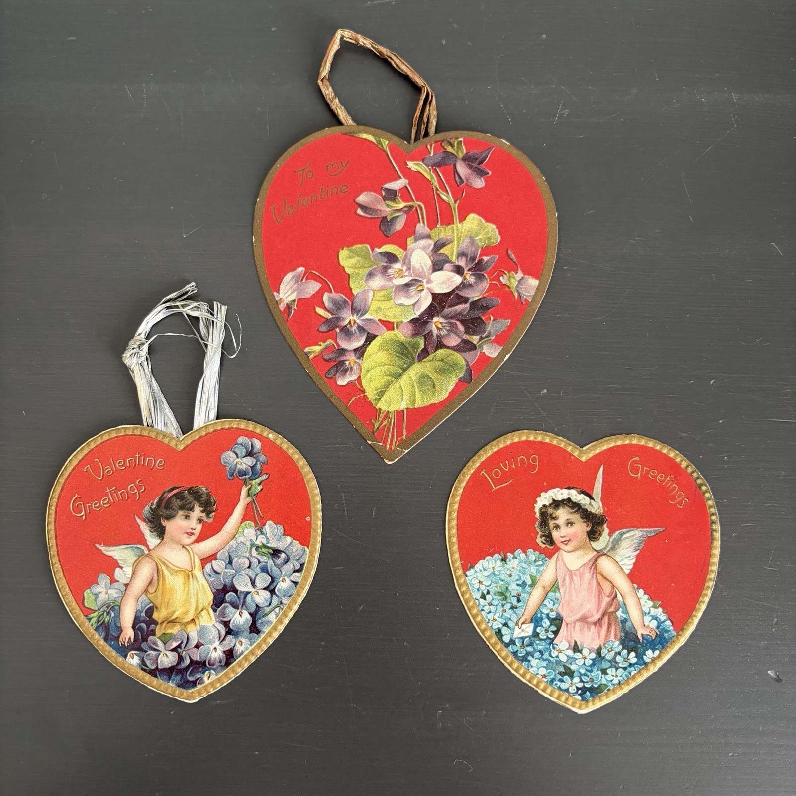Antique Tuck & Sons Valentine Cards Heart Shape w Cupid Printed in Germany 3 Lot