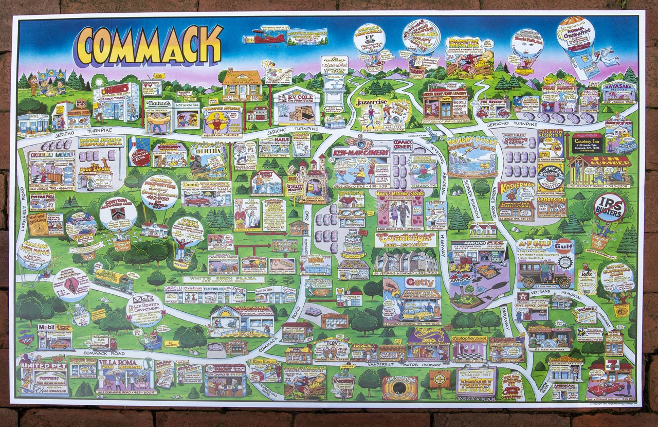 COMMACK LONG ISLAND Illustrated Cartoon Map 1991 – FREE SHIPPING!
